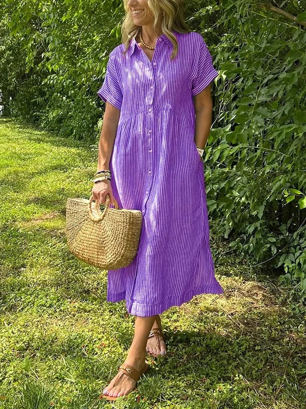 NEW🔥 Striped Lapel Button Down Shirt Dress | With Functional Pockets