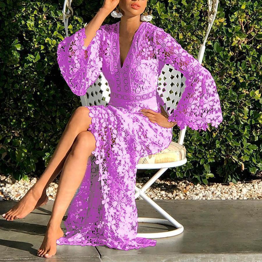 Long sleeve hollowed-out lace long dress