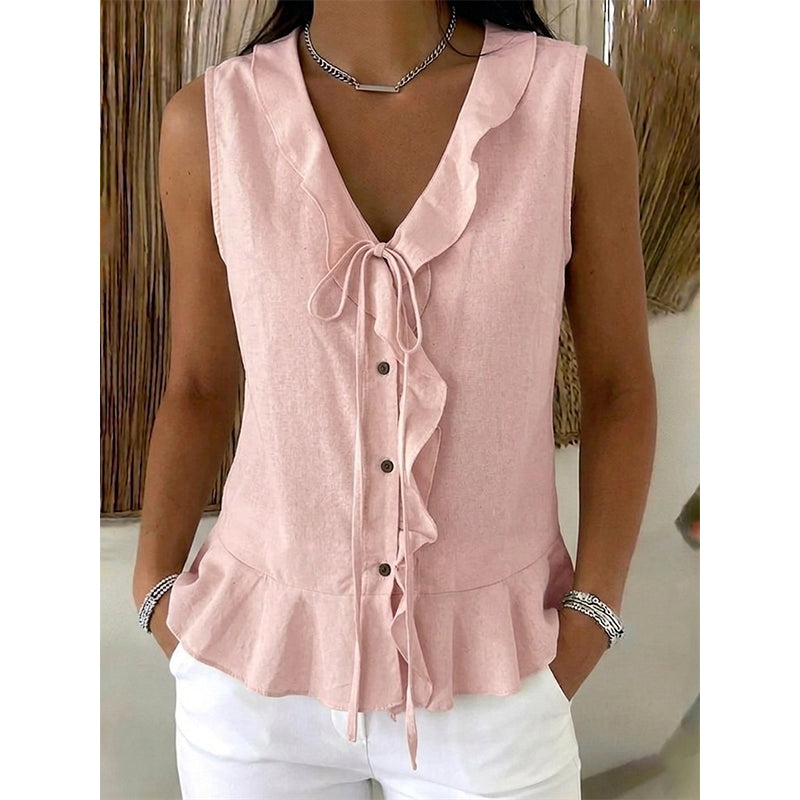 Women's Sleeveless Ruffle Trim V-Neck Top