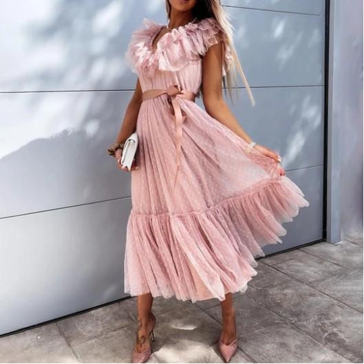 V-necked fringe lace pure color dress