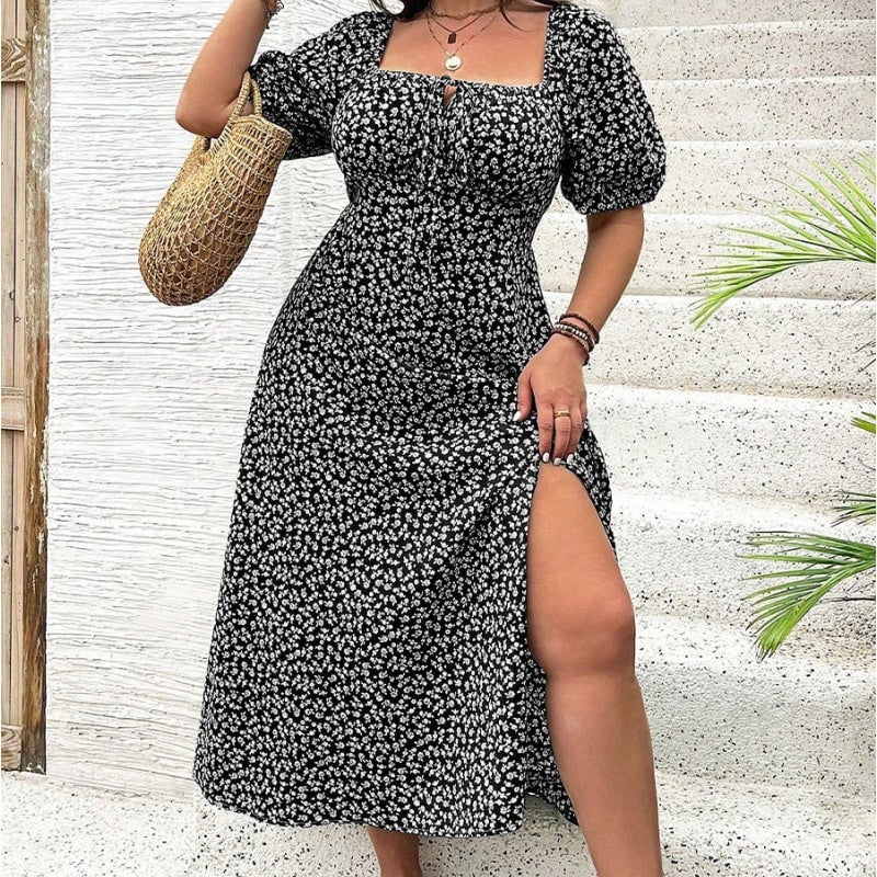💗Plus Size Split Floral Print Boho Maxi Dress