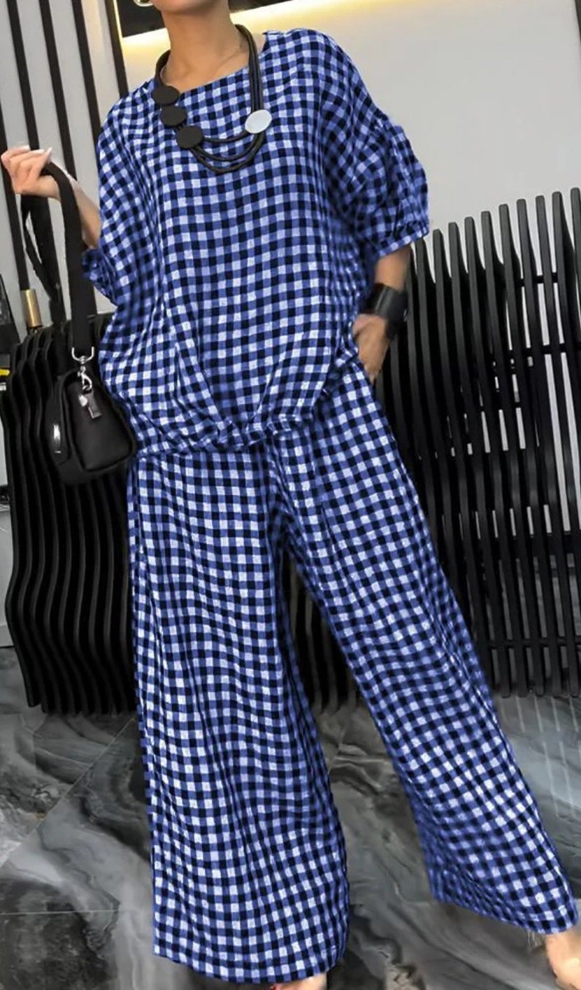 mamymarket™-Women's Comfortable Plaid Top And Pants Two-Piece Set