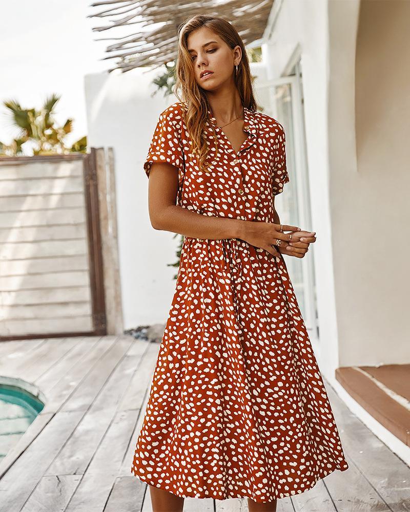 Lapel dot printed defined waist dress