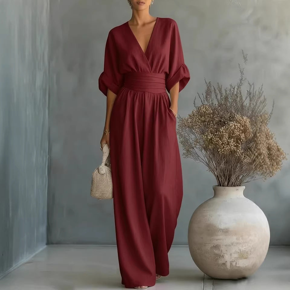 👠Women Solid-Color Elegant V-Neck Jumpsuit with Waist-Defining Fit