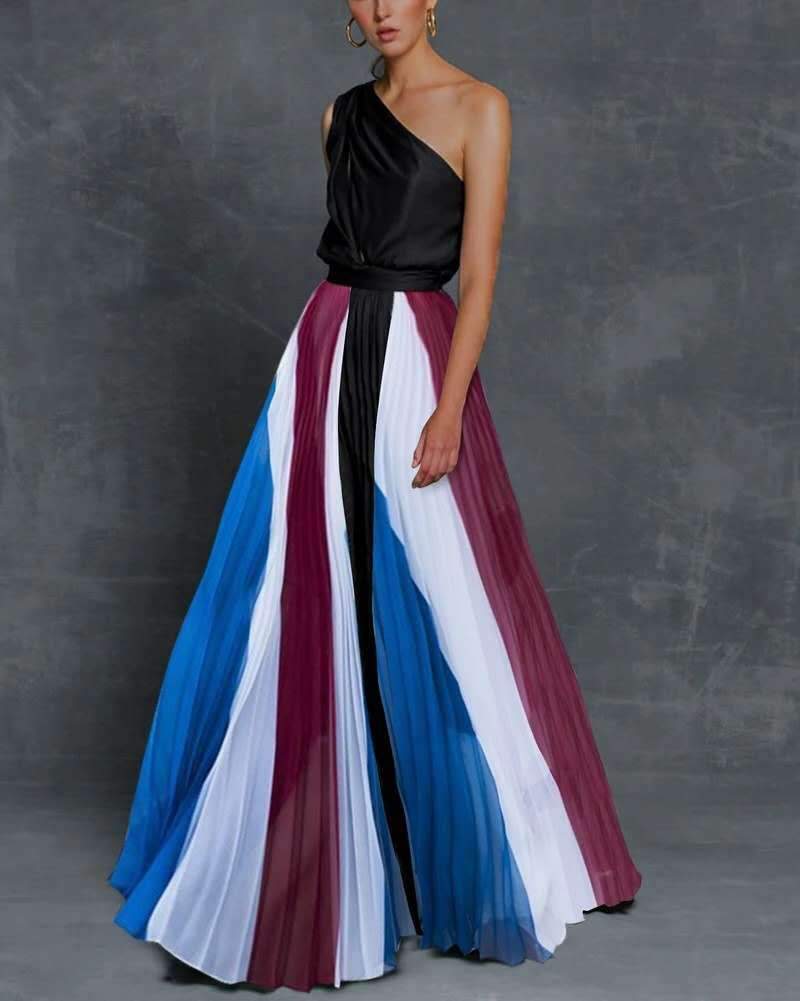 One shoulder women color-block pleated dress