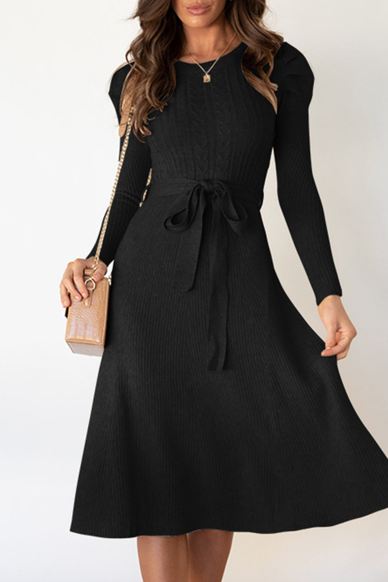 Elegant Solid With Belt O Neck Sweater Dresses