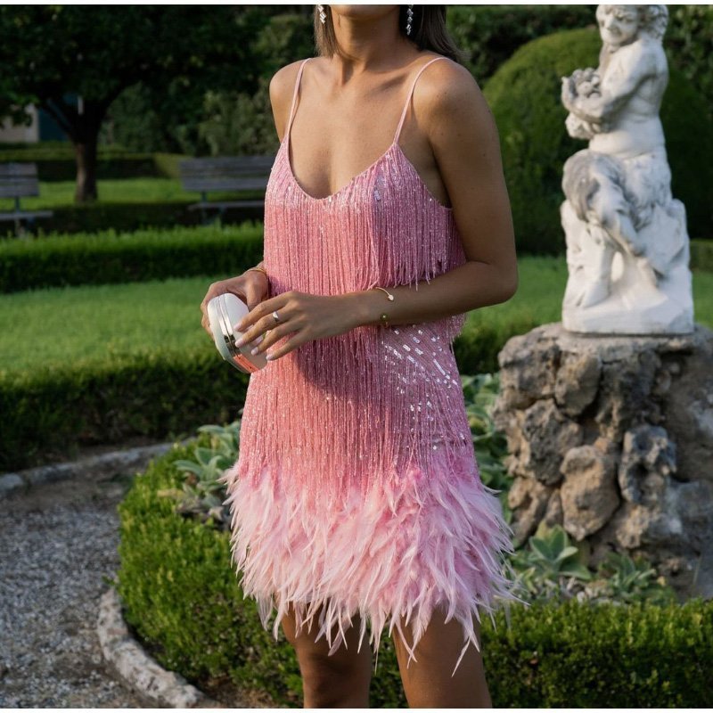 Women's Feather Fringe Sequin Spaghetti Strap Dress