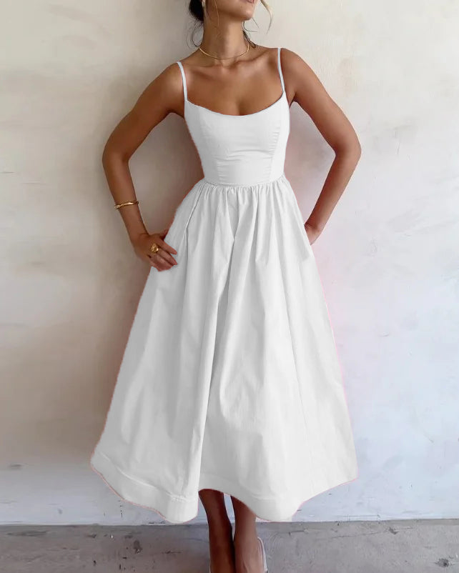 Solid V-neck Pleated Waist Dress