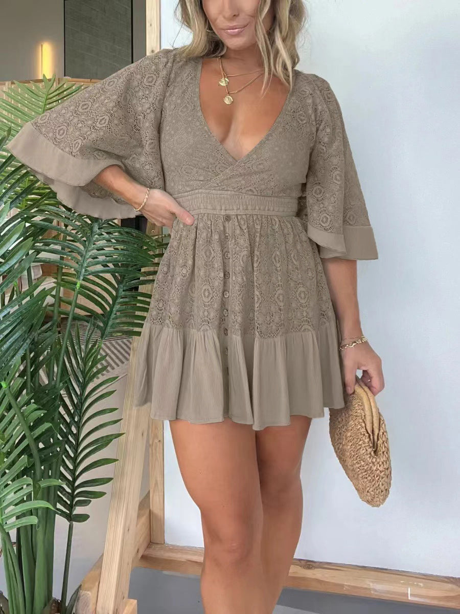 Women's Lace Crochet Romper Dress with Built-in Shorts