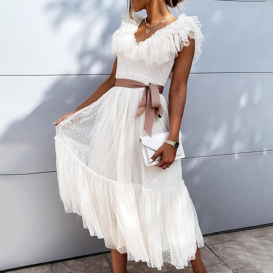 V-necked fringe lace pure color dress