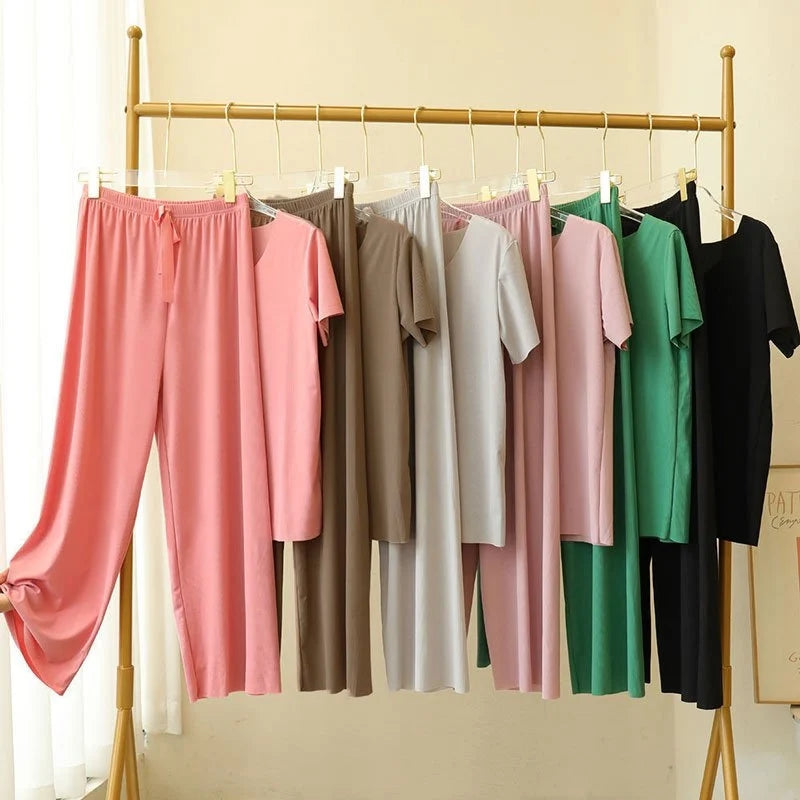 Soft Comfortable Ice Silk Short Sleeve T-Shirt Two Piece Set Loose Wide-leg Pants