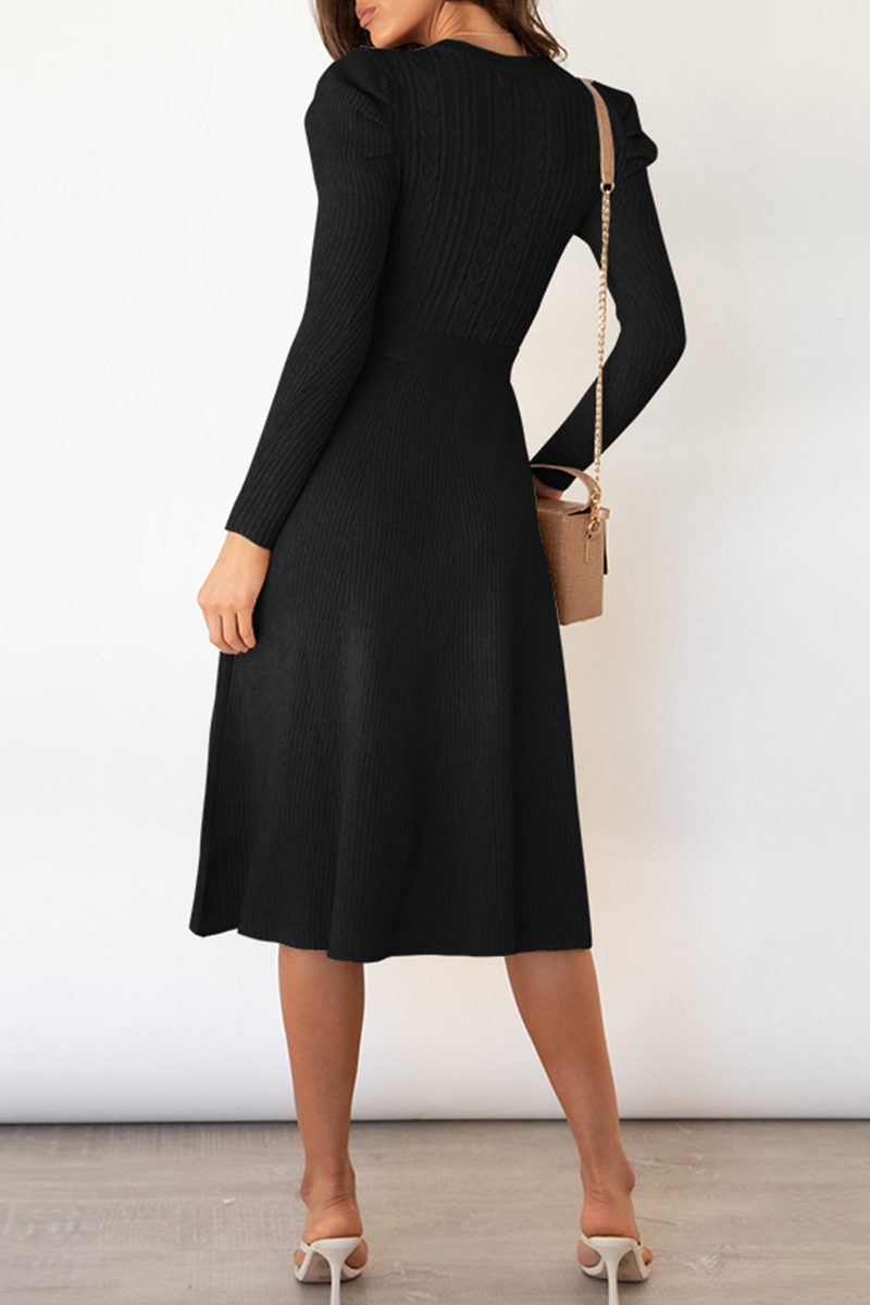 Elegant Solid With Belt O Neck Sweater Dresses