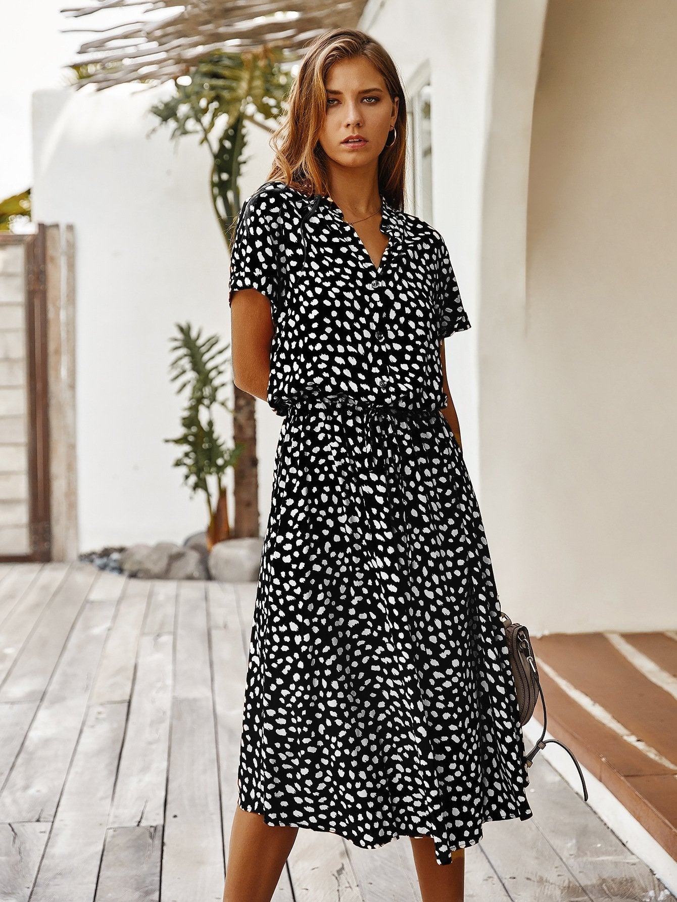 Lapel dot printed defined waist dress