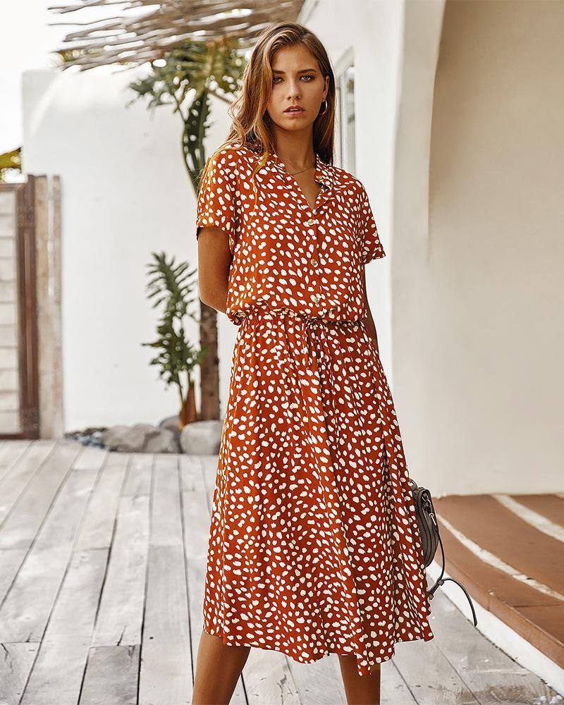 Lapel dot printed defined waist dress