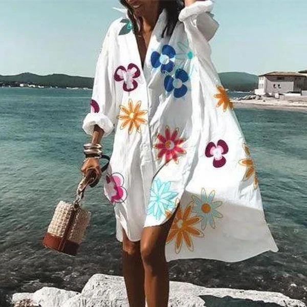 White lapel casual printed shirt dress