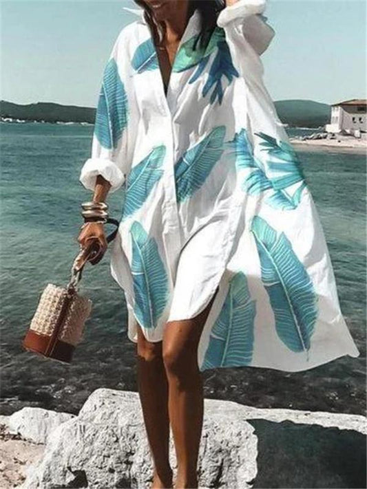 White lapel casual printed shirt dress