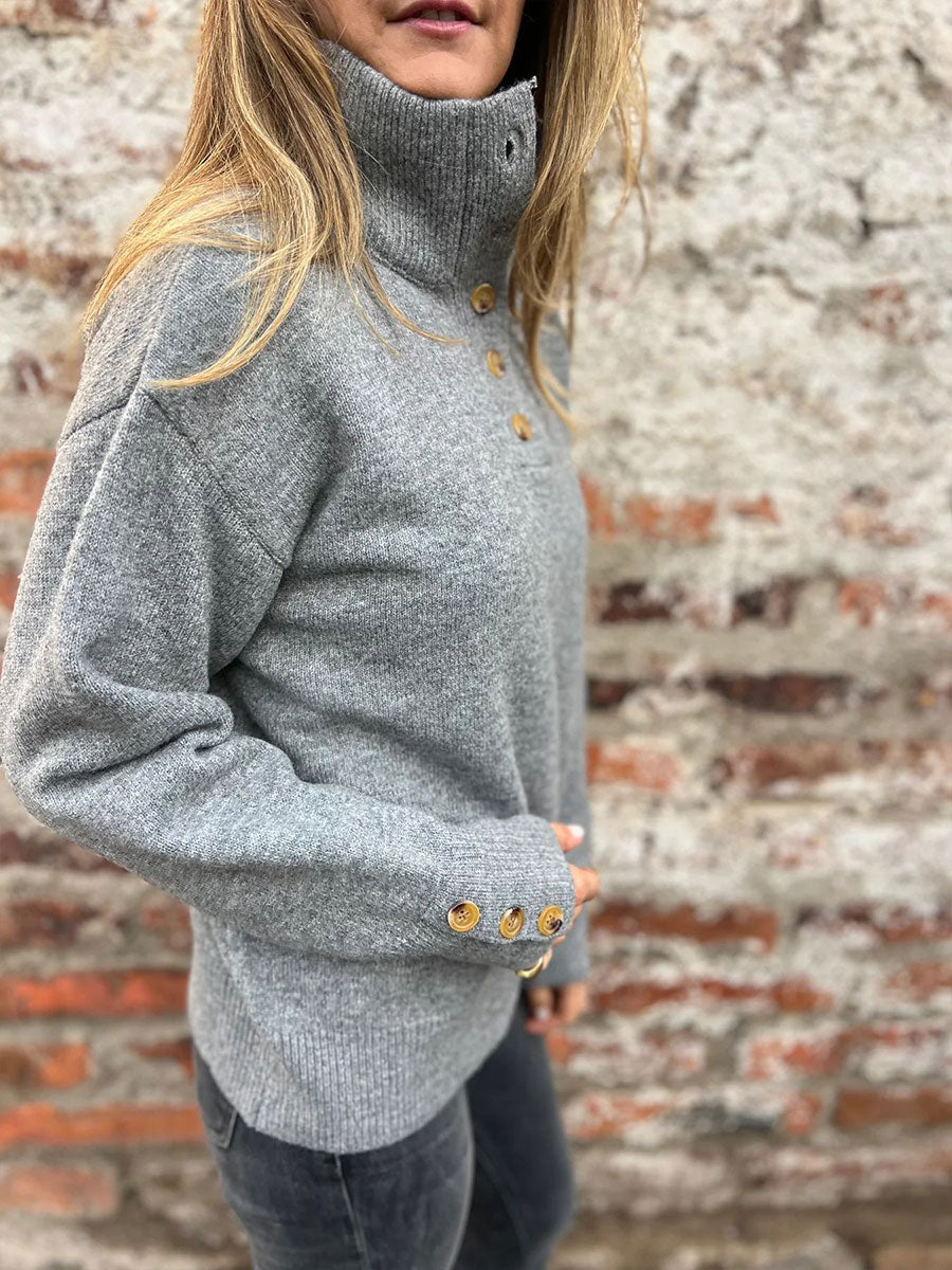 Women's Stand-up Collar Knit Solid Color Button Casual Loose Sweater