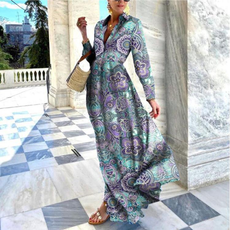 Elegant lapel printed slim long sleeve dress