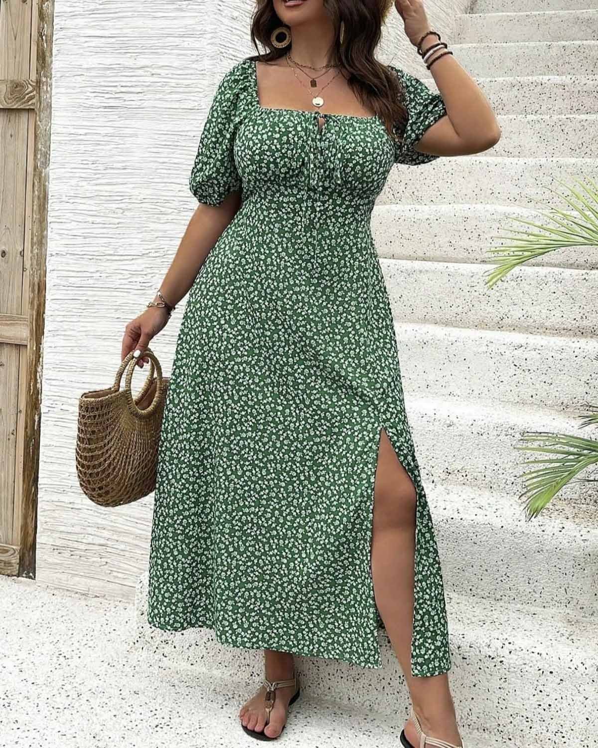 💗Plus Size Split Floral Print Boho Maxi Dress