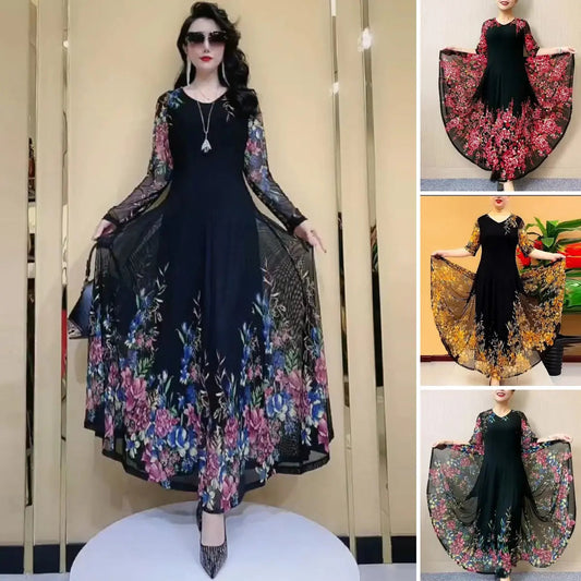 [L-4XL] Fashion Women's Double Layer Mesh Printed Dresses