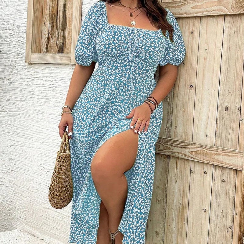 💗Plus Size Split Floral Print Boho Maxi Dress