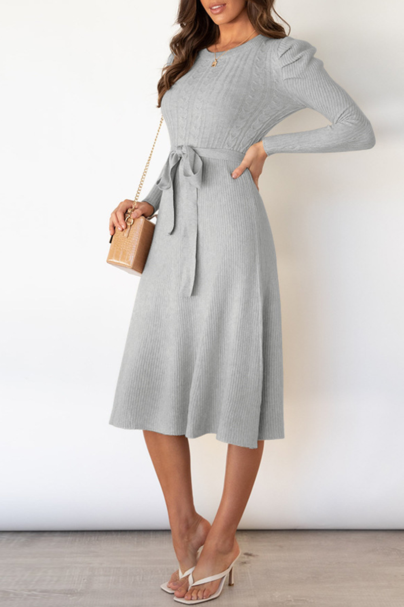 Elegant Solid With Belt O Neck Sweater Dresses