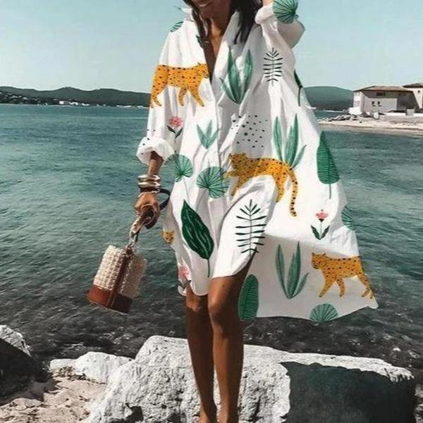 White lapel casual printed shirt dress