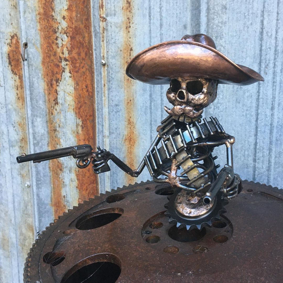 Handmade Cast Cowboy Skull Gunslinger Hood Ornament Sculpture