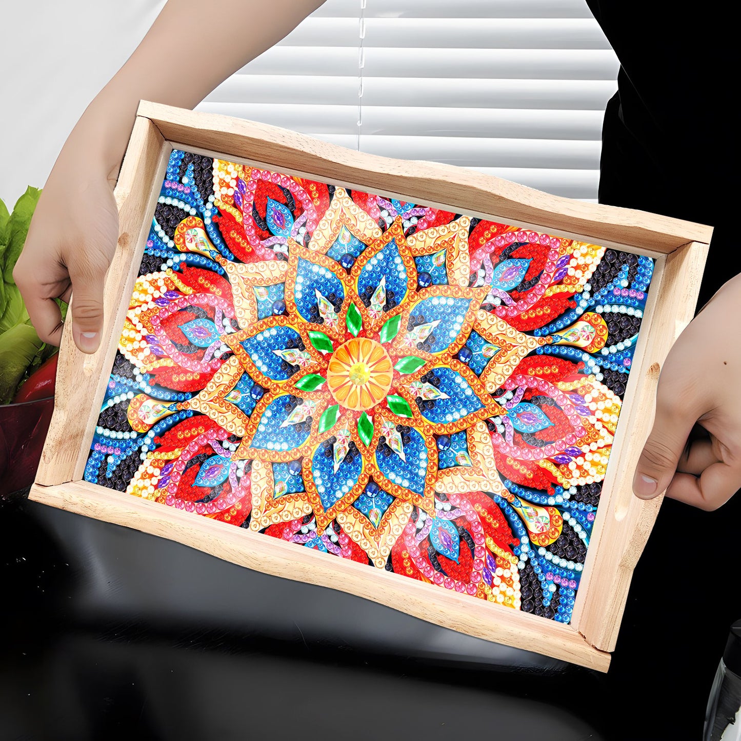 mamymarket™-DIY Diamond Painting Wooden Tray Food Tray with Handle Living Room Decoration Mandala Wooden Tray Kit