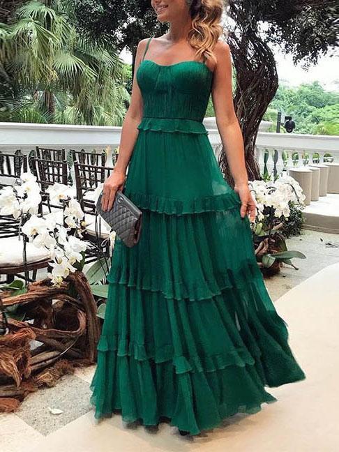 Green chiffon plain open shoulder evening dress