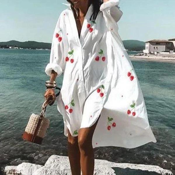 White lapel casual printed shirt dress