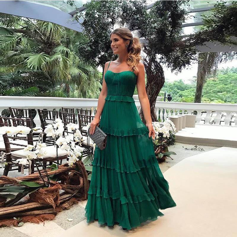 Green chiffon plain open shoulder evening dress