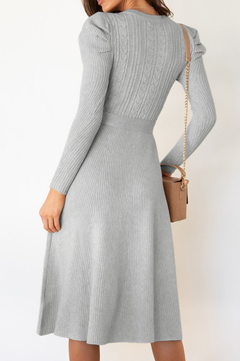 Elegant Solid With Belt O Neck Sweater Dresses