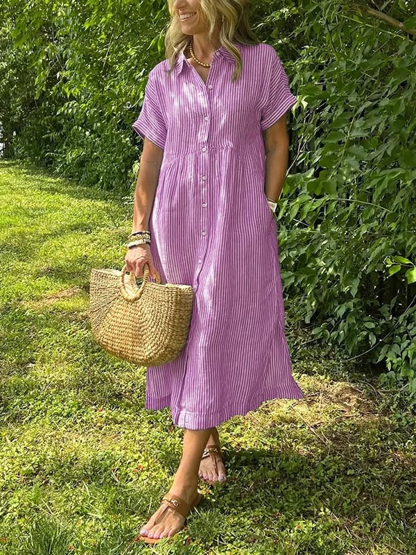 NEW🔥 Striped Lapel Button Down Shirt Dress | With Functional Pockets