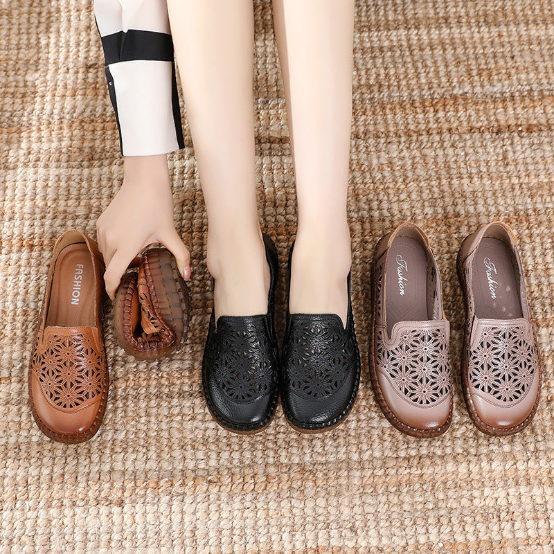 2023 new comfortable soft bottom breathable non-slip engraved retro ladies leather shoes