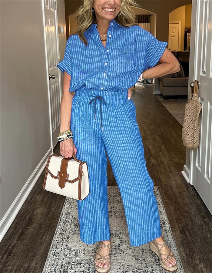 Classic Striped Linen Cotton Shirt Set With Pockets