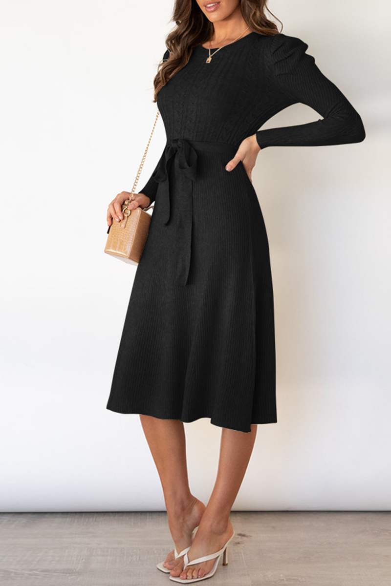 Elegant Solid With Belt O Neck Sweater Dresses