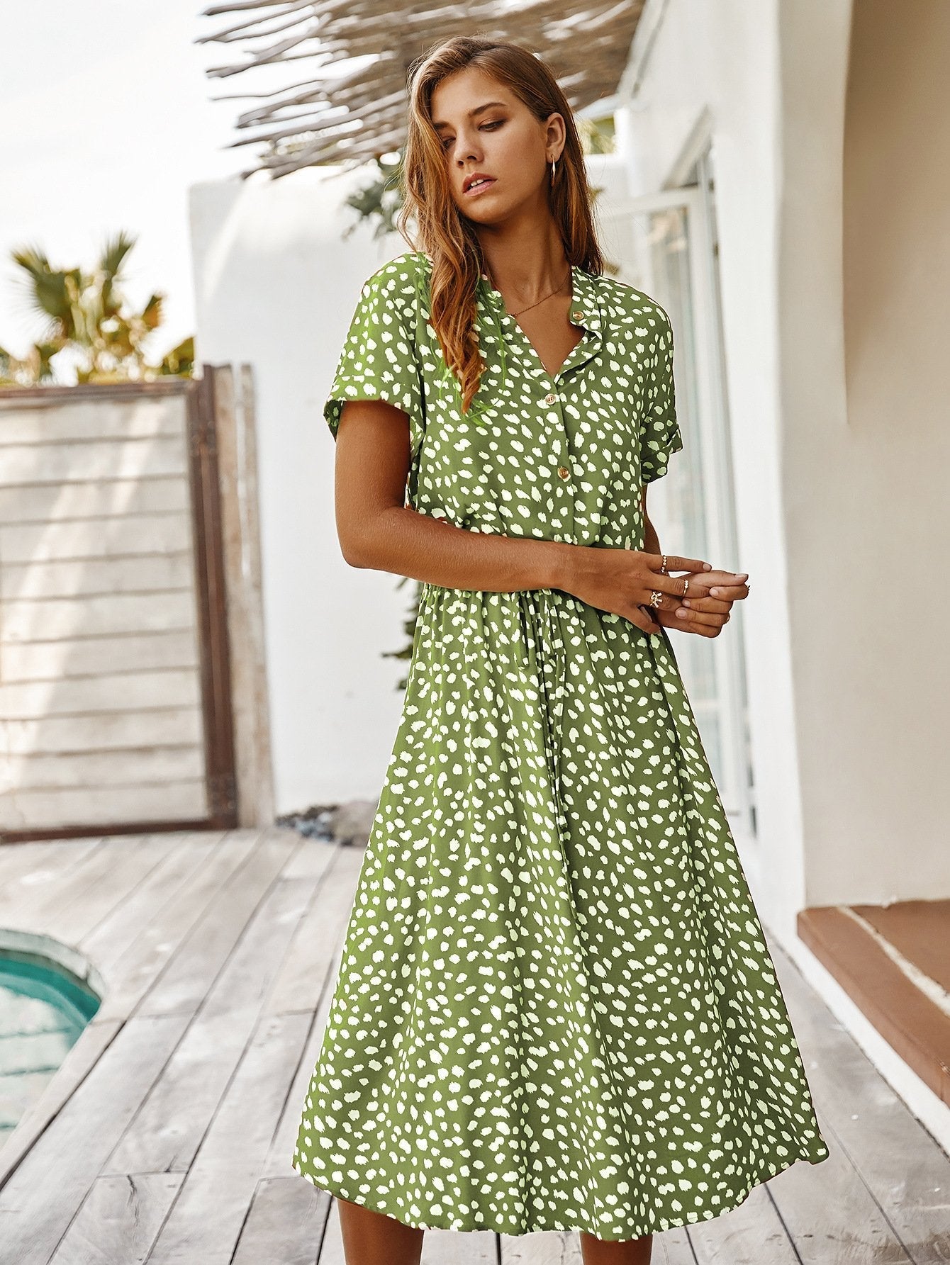 Lapel dot printed defined waist dress