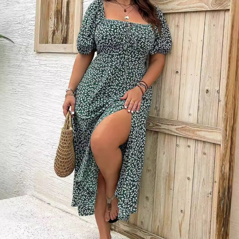 💗Plus Size Split Floral Print Boho Maxi Dress