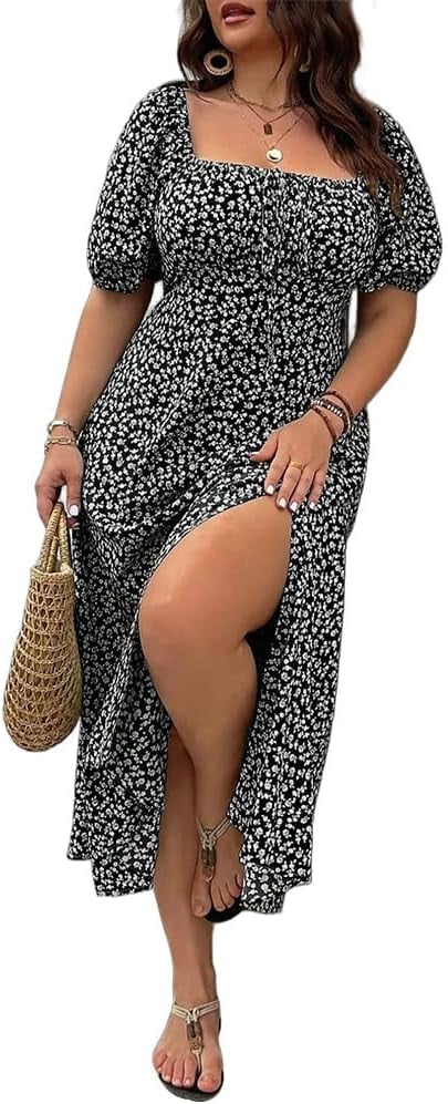 💗Plus Size Split Floral Print Boho Maxi Dress