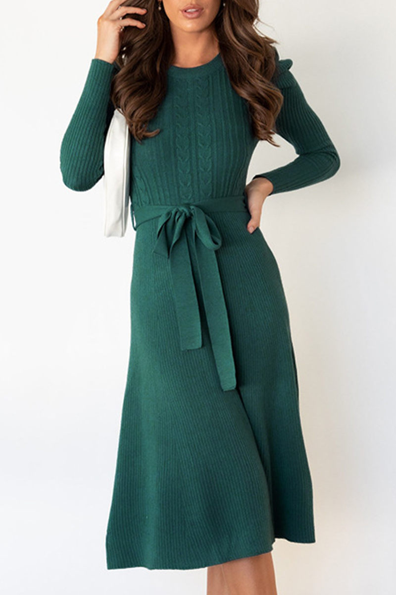 Elegant Solid With Belt O Neck Sweater Dresses