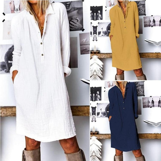 Women pure color cotton&linen dress