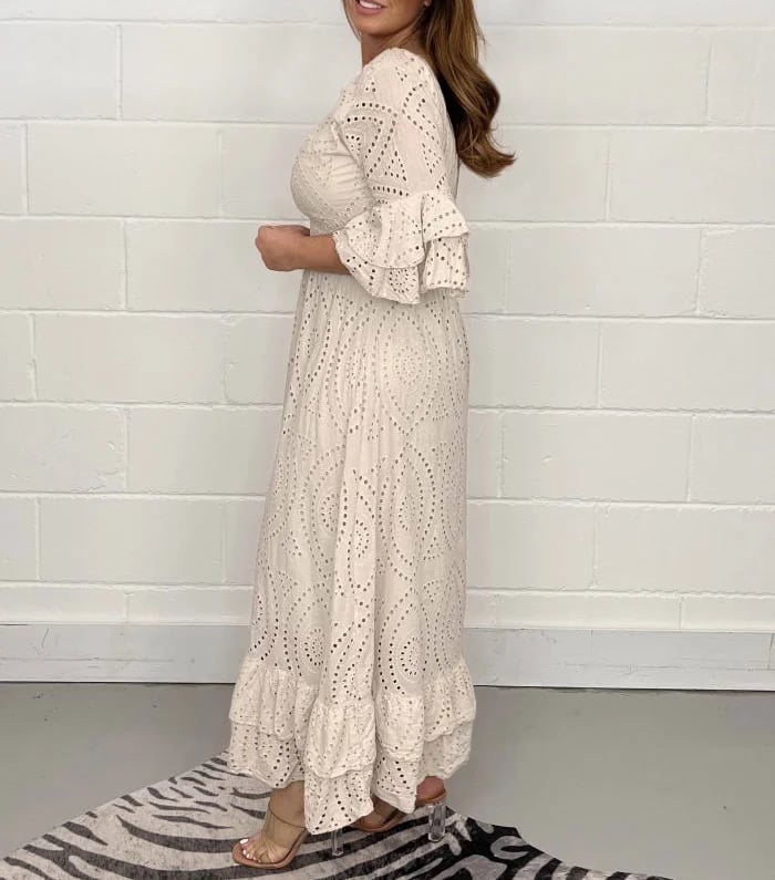 Embroidery Anglaise Frill Sleeve Midi Dress(Buy 2 Get Free Shipping)