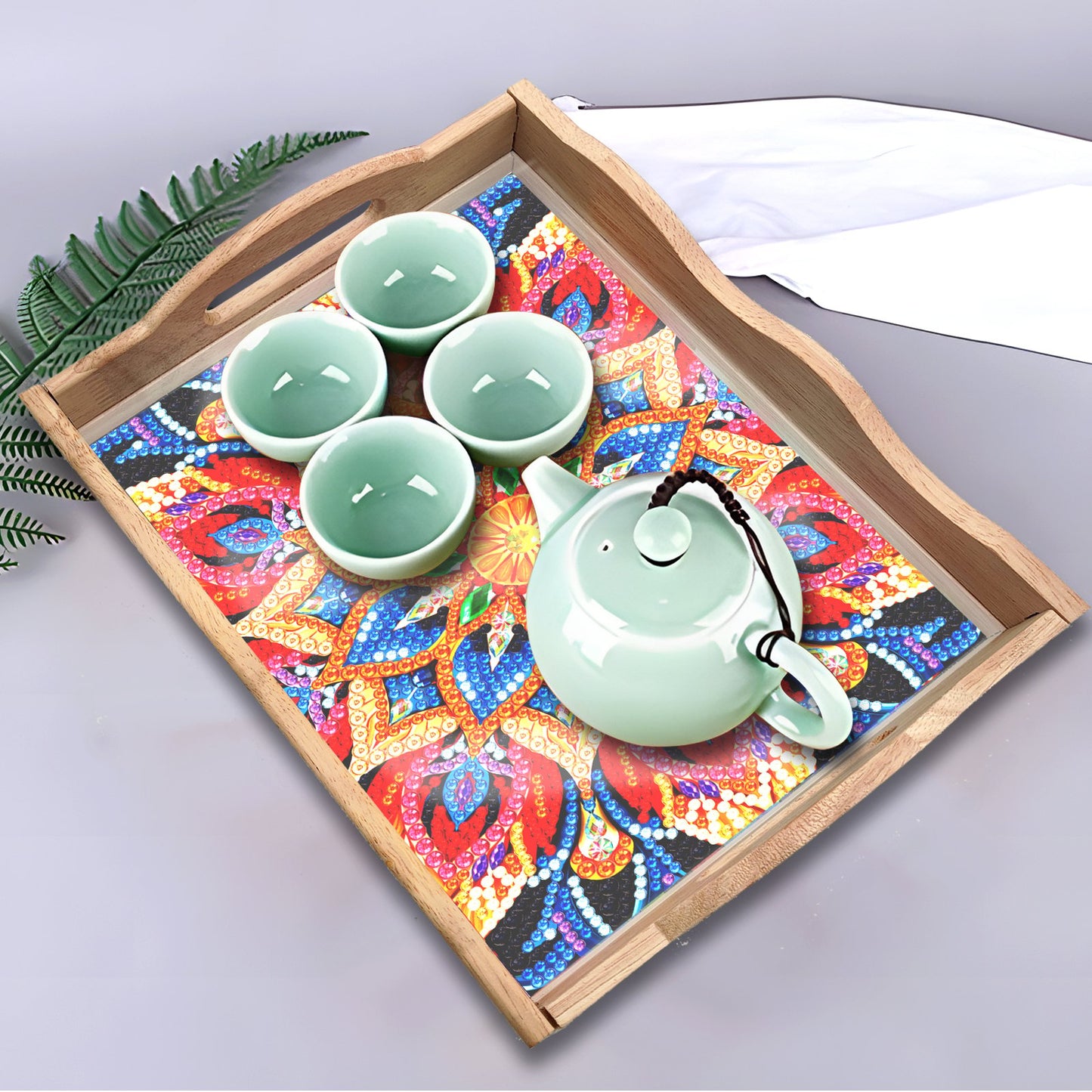 mamymarket™-DIY Diamond Painting Wooden Tray Food Tray with Handle Living Room Decoration Mandala Wooden Tray Kit