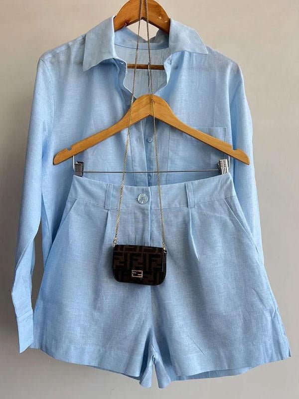 Women's Casual Linen Blouse and Shorts Set