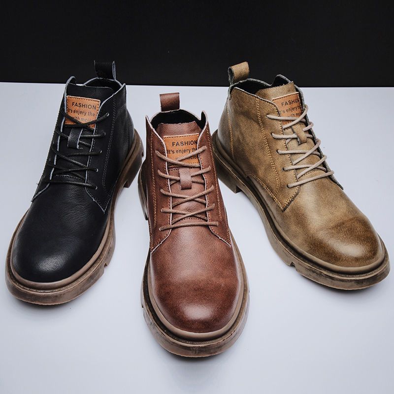 Men's lace-up round toe work casual leather boots