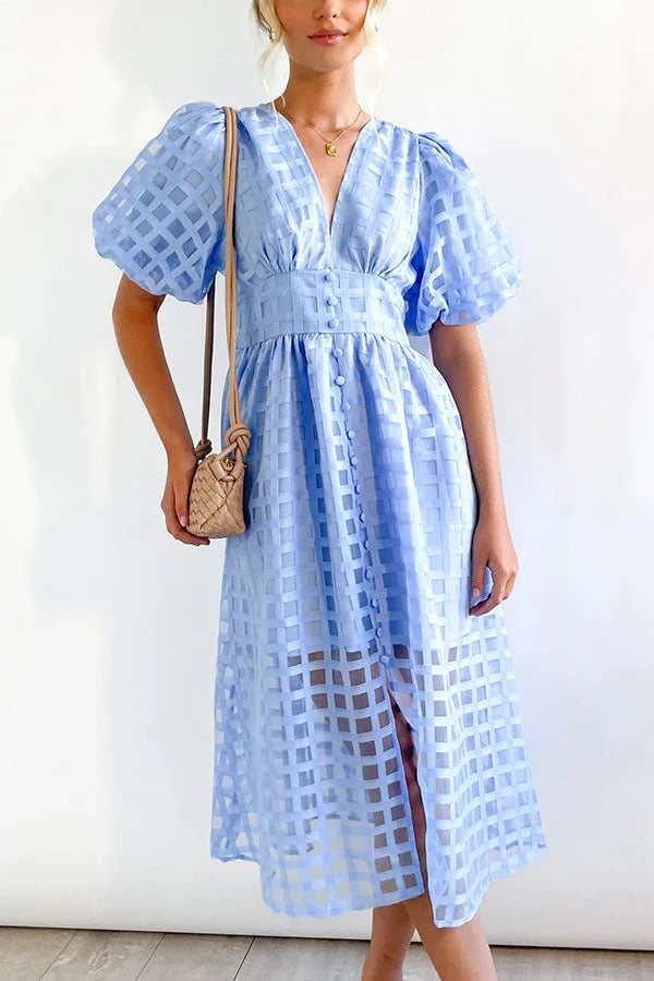 🔥Time-limited promotion 49% OFF🔥 Beauty Square Patterned Fabric Puff Sleeve Midi Dress