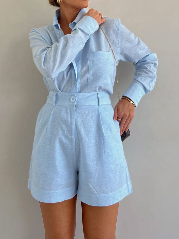 Women's Casual Linen Blouse and Shorts Set