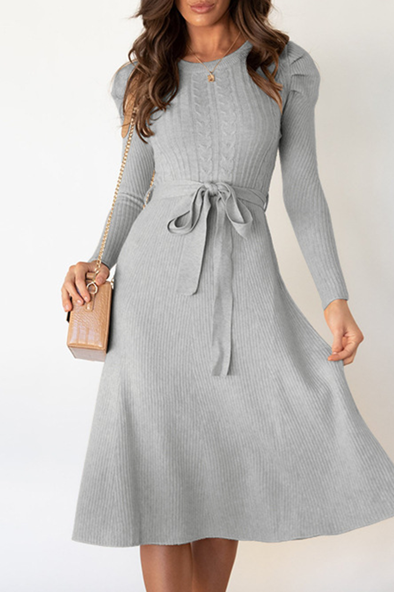 Elegant Solid With Belt O Neck Sweater Dresses