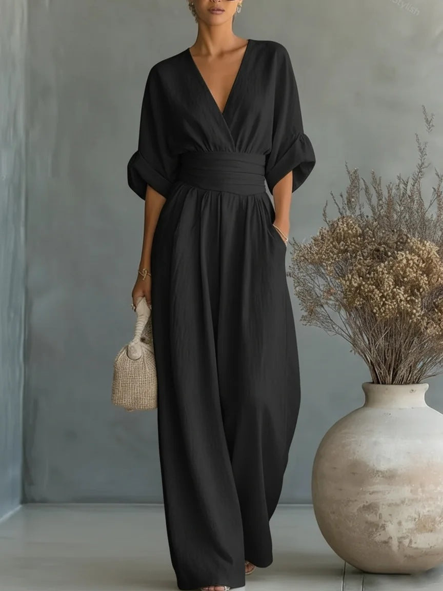 👠Women Solid-Color Elegant V-Neck Jumpsuit with Waist-Defining Fit